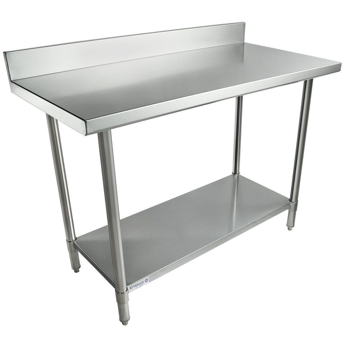 A 48x24 stainless steel work table with a backsplash, four sturdy legs, and a lower shelf for extra storage. The smooth, flat top surface is ideal for commercial kitchens or food preparation areas.