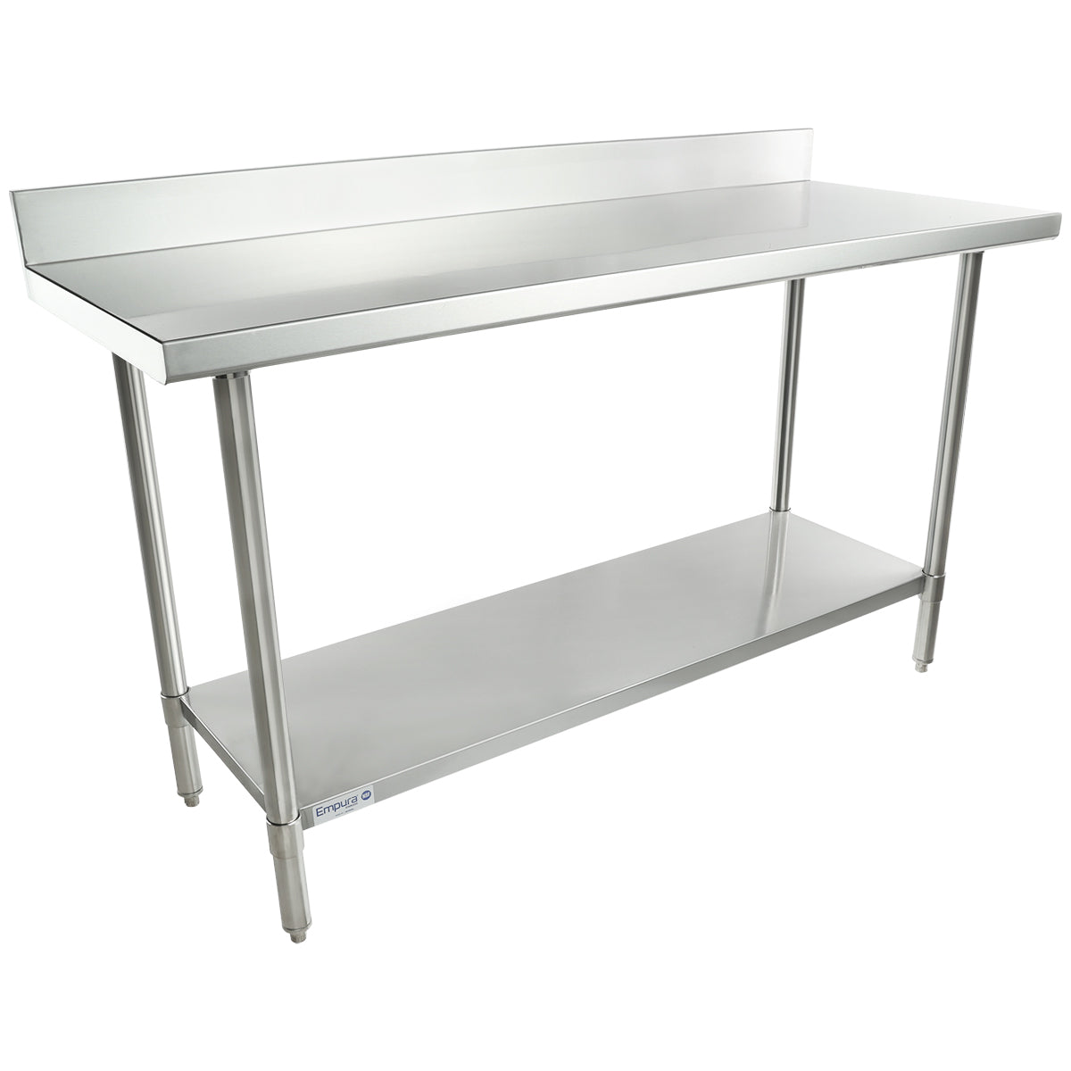 A 60 inch stainless steel work table with a raised backsplash along the back edge, four cylindrical legs, and a flat lower shelf for storage. Its smooth, reflective surface and sturdy industrial design make it ideal for kitchens or workshops.