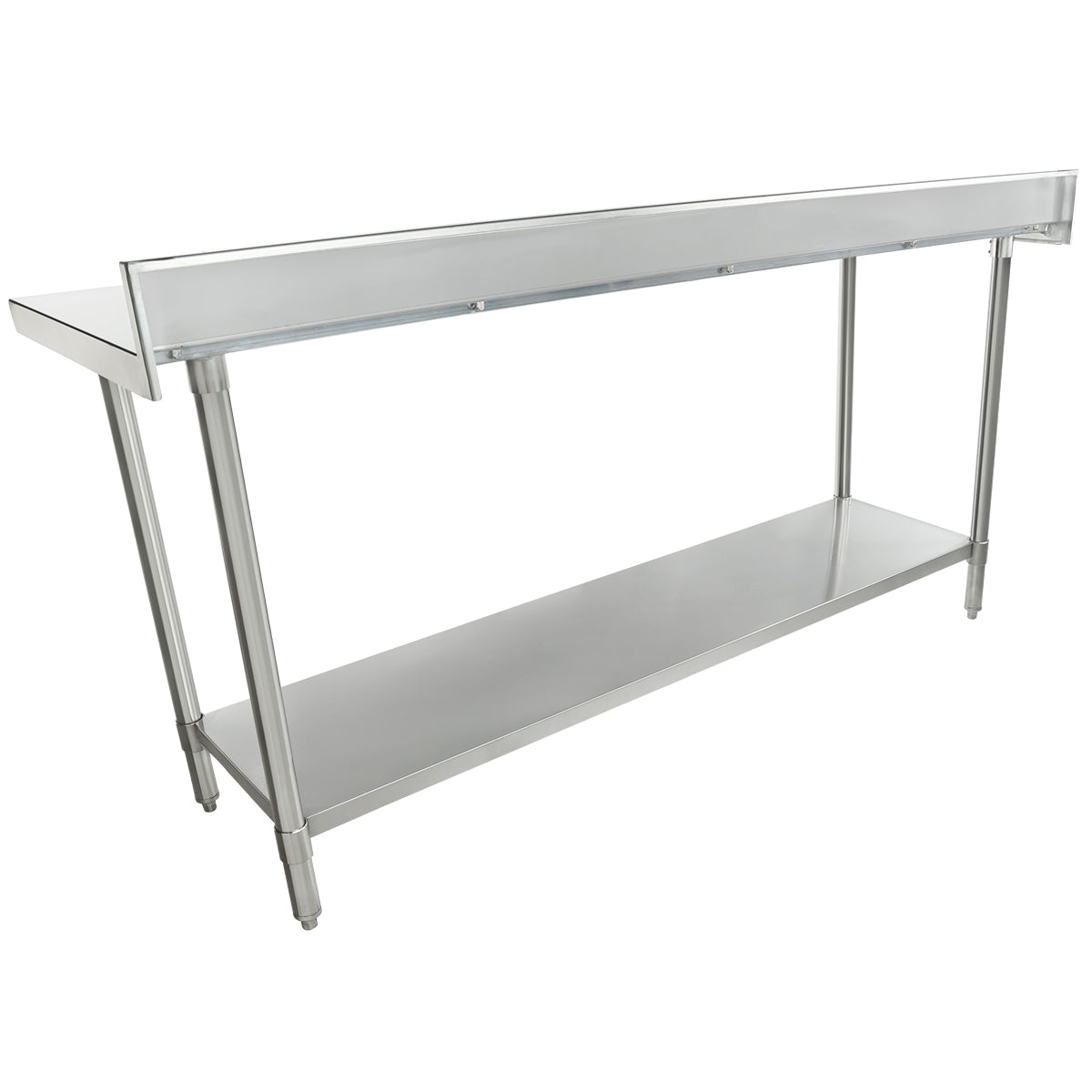 A 72 inch stainless steel restaurant work table with four legs, an upper ledge, and a lower shelf for storage. Its rectangular, modern design is ideal for commercial kitchens or buffet service lines.