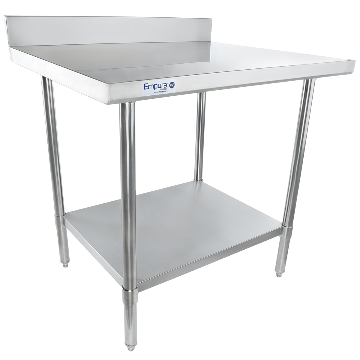 A 36 inch stainless steel work table with a backsplash, four cylindrical legs, a lower shelf for storage, and an Empura logo on the front. The clean, industrial design is perfect for commercial kitchens or food service environments.