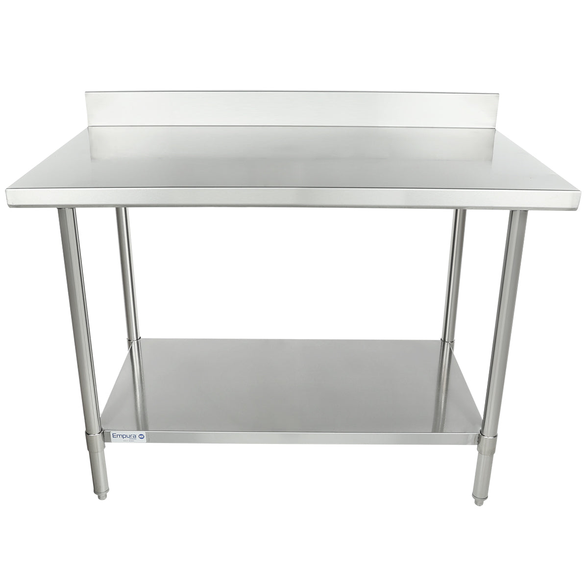 A stainless steel NSF work table with a raised backsplash along the back edge, four legs, and a lower shelf for storage. Its smooth, flat top and industrial design make it ideal for commercial kitchens or workspaces.