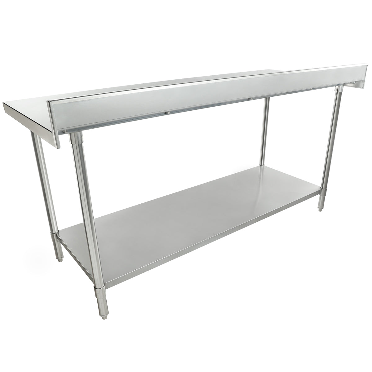 This 72 inch stainless steel work table features a flat top with a raised back edge, four cylindrical legs, and an under-shelf for storage. The sleek metallic design is ideal for industrial or commercial kitchen use.