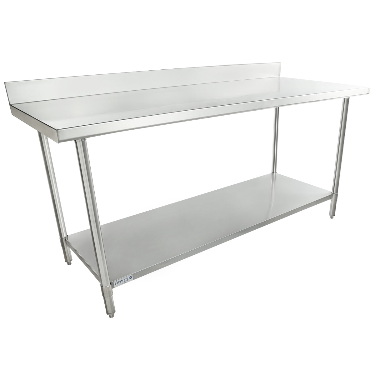 A 72 inch stainless steel work table with a raised backsplash at the back, four sturdy legs, and an undershelf for extra storage. The flat, smooth surface is ideal for kitchens or industrial use, offering a modern and functional design.