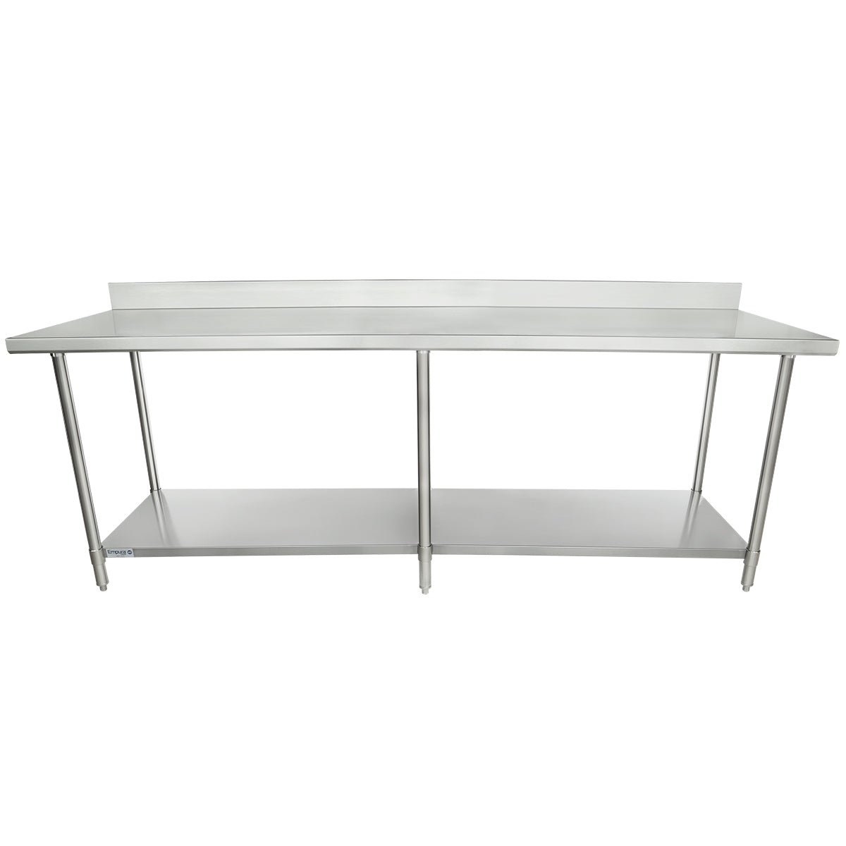 A stainless steel work table with a raised backsplash, an open lower shelf, and six legs. NSF certified, its minimal and functional design is ideal for commercial kitchens or industrial use. Both the surface and shelf are clean and reflective.