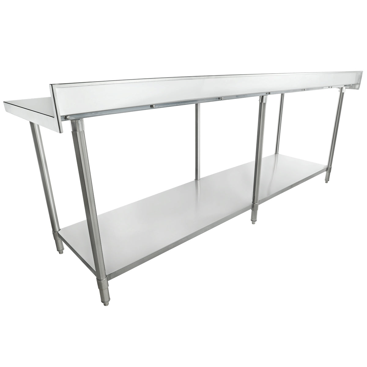 A long, rectangular NSF stainless steel work table with four legs, a lower shelf for extra storage, and an overhead rail. The table appears sturdy and is designed for use in a commercial kitchen or industrial setting.