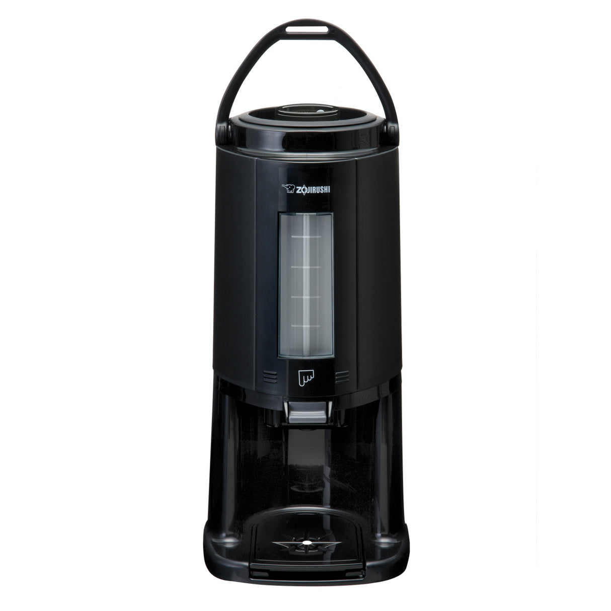 A black Zojirushi insulated beverage dispenser with a handle on top, a transparent vertical water level gauge in the center, and a spout below. Its sleek, cylindrical design features a drip tray and a stainless steel vacuum liner for optimal heat retention.