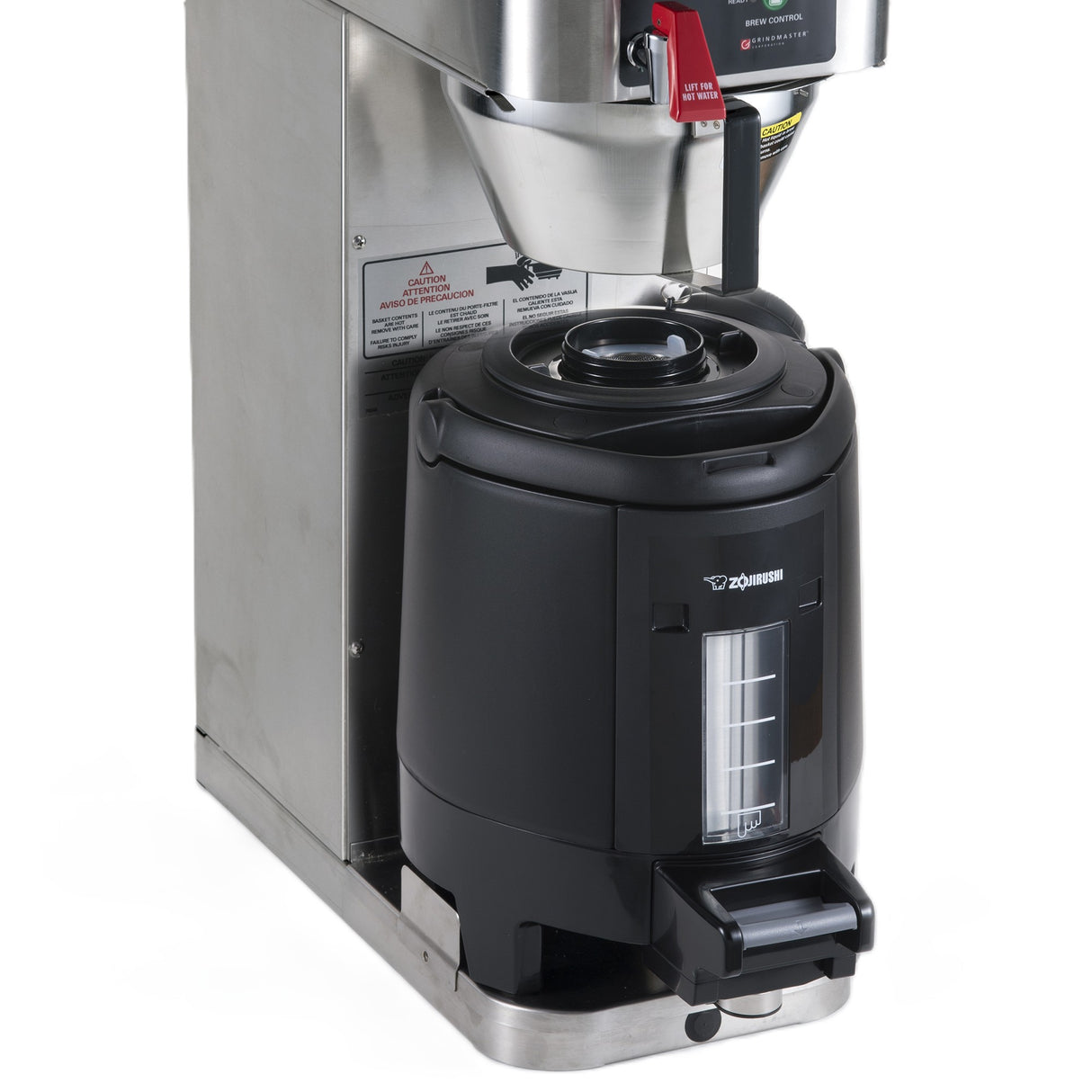 A commercial stainless steel coffee maker with a black insulated beverage dispenser beneath the brew spout. The dispenser features a transparent window to show liquid levels, a carrying handle, and a bottom spout for easy coffee dispensing.