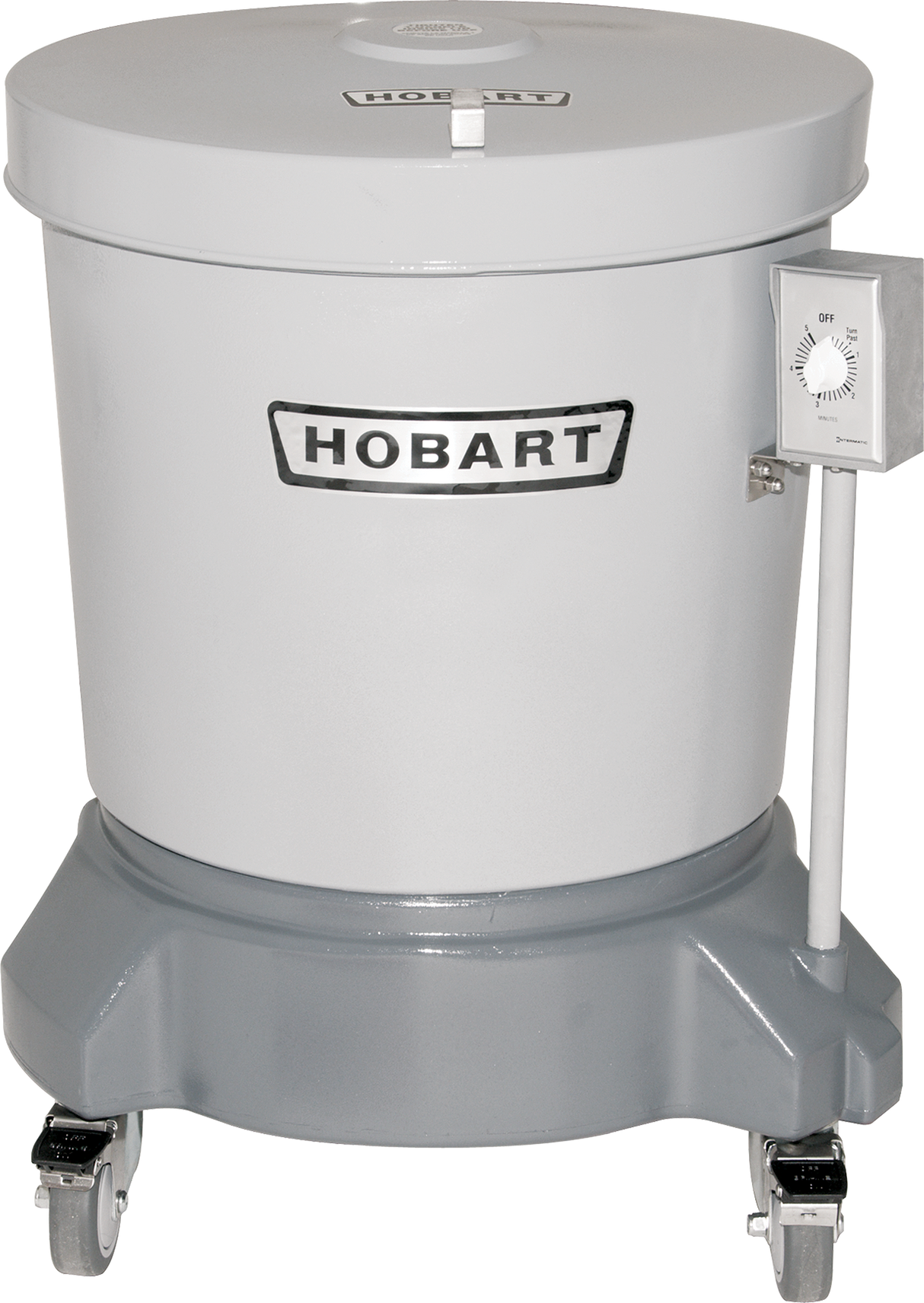 A large, cylindrical, industrial kitchen machine labeled HOBART is shown. This floor model salad dryer is grey, with a fitted lid and a sturdy base on four caster wheels. A control dial is mounted on a pole attached to the side.