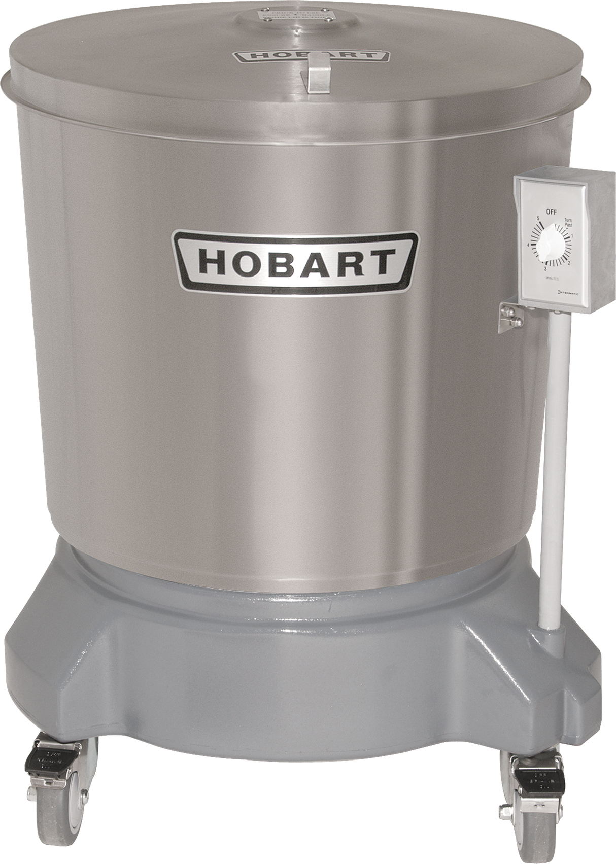 A large, stainless steel Hobart commercial food processor with a 20 gallon capacity features a cylindrical body labeled HOBART, timer dial on the right, flat lid on top, and a sturdy base with four caster wheels for mobility.