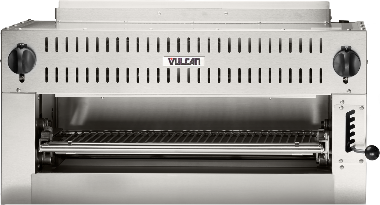 A stainless steel Vulcan Salamander Broiler with a vented front panel, black control knobs on each side, an adjustable grill rack, and a lever for height adjustment. Powered by natural gas, its interior is empty and ready for cooking.