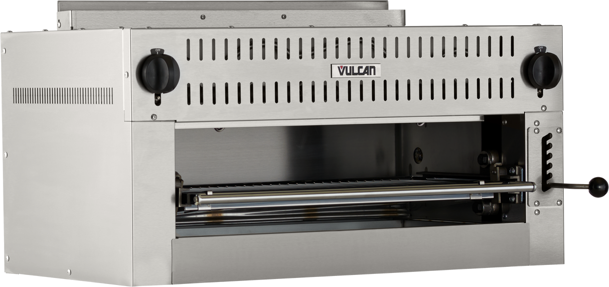 A commercial stainless steel Vulcan salamander broiler, powered by natural gas with 50,000 BTU, featuring a front open slot, two black control knobs on each side, a grill rack inside, and ventilation slots along the top front panel.