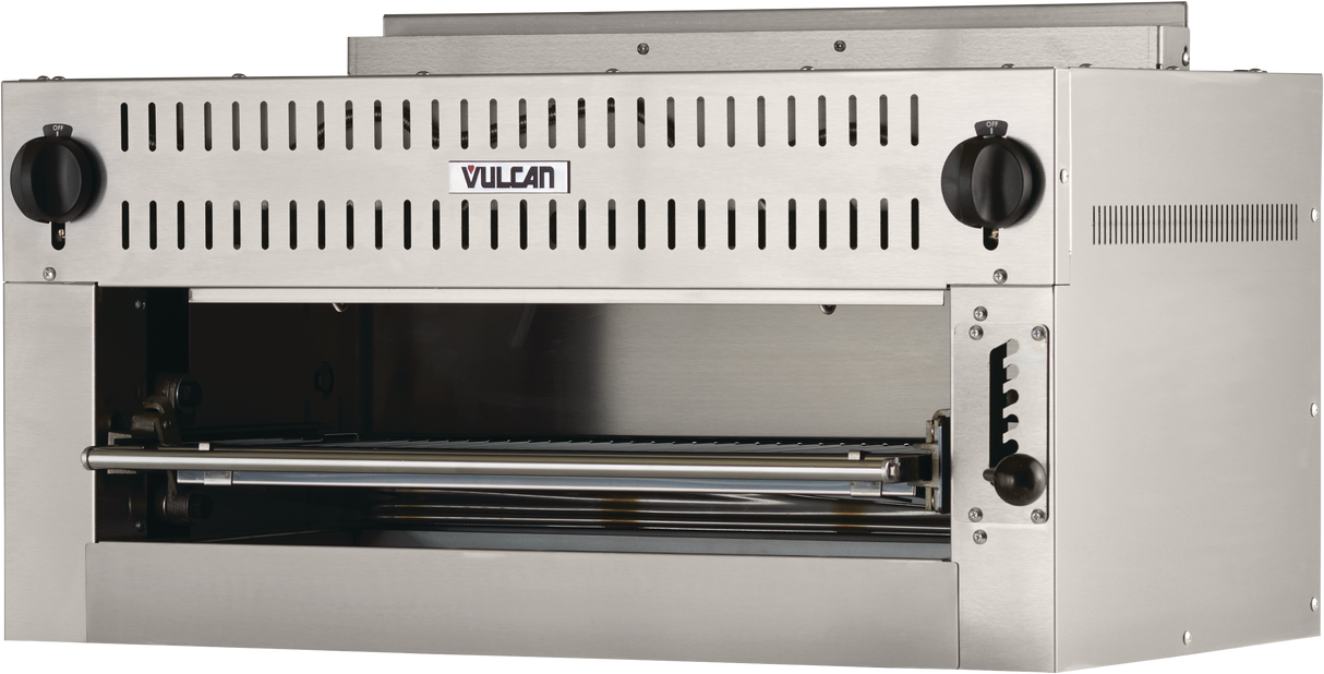 A commercial stainless steel Vulcan Salamander Broiler features an open front, vented top panel, two black control knobs on each side, a grill rack inside, and heavy duty burners—perfect for restaurant kitchens using natural gas.
