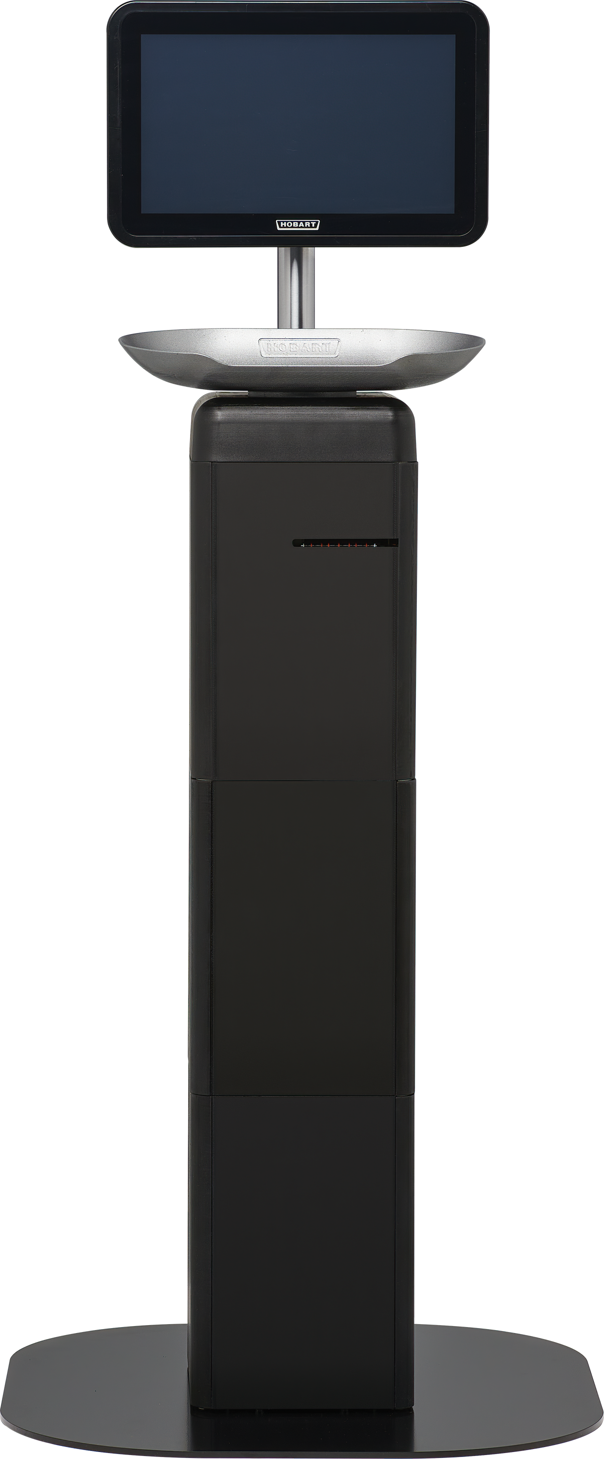 A tall, black, rectangular FreshServe Scale self-service kiosk with a wide base, central column, touchscreen monitor on top, and metallic tray beneath the screen stands upright against a white background.