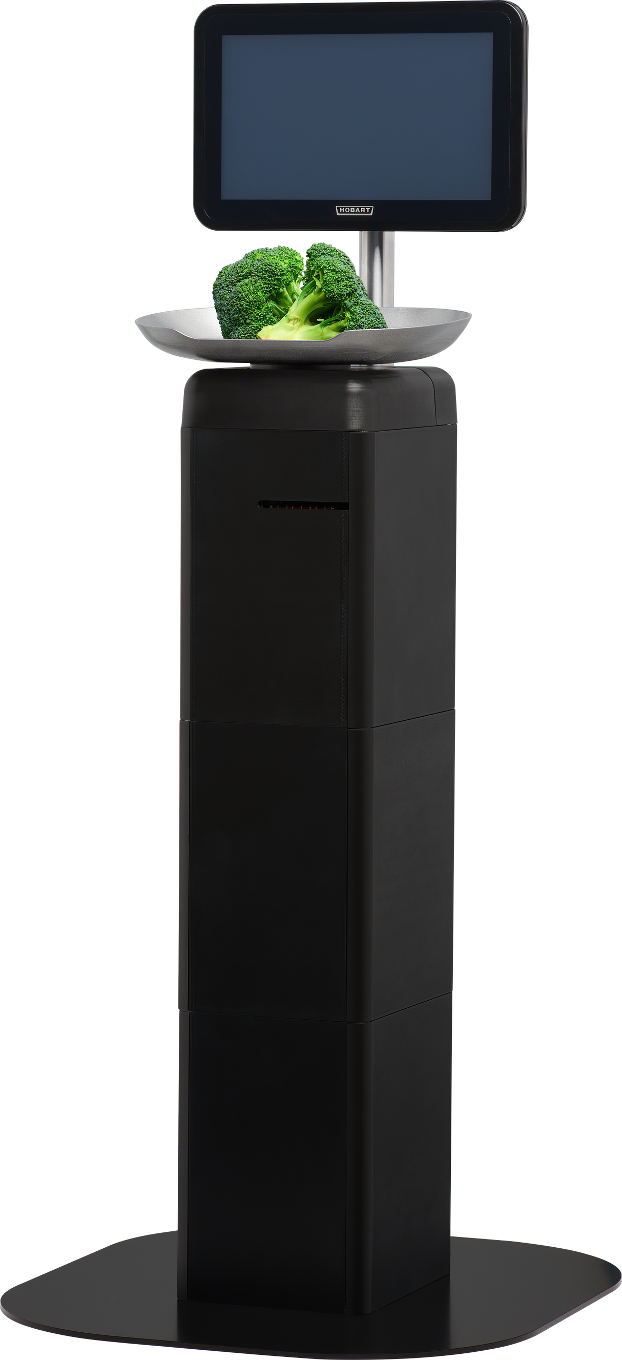 A digital self-service kiosk, like the Hobart FS-100, with a touchscreen display shows a tray holding two pieces of fresh broccoli. This black, rectangular unit stands upright on a wide base, perfect for weighing and scanning grocery items.