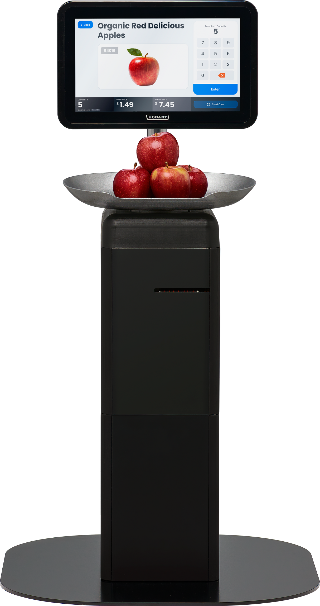 A digital self-serve scale, like the Hobart FS-200, displays Organic Red Delicious Apples with a price and keypad. On a scale below the screen, five red apples sit in a shallow metal bowl on a sleek black platform.