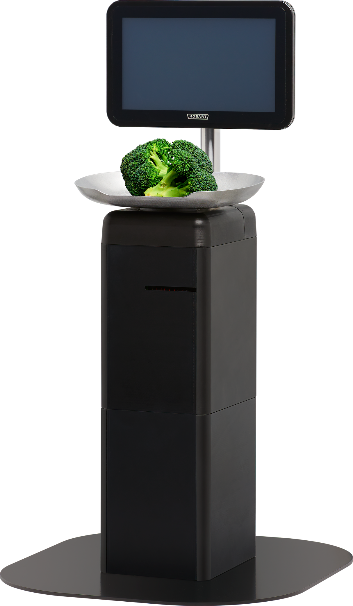 A Hobart FS-200 touchscreen self-serve scale displays a bunch of broccoli on its weighing tray. The scale features a large screen above the tray and a black, rectangular base resting on a flat mat. The background is plain white.