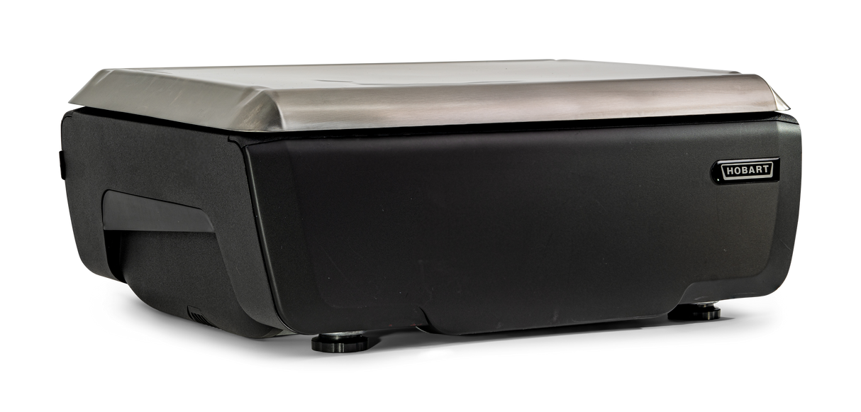 A black Hobart GTIP-DB commercial kitchen appliance with a sleek, rectangular design and a stainless steel lid; the Hobart logo is displayed on the front right side. The unit rests on short adjustable feet for stability.