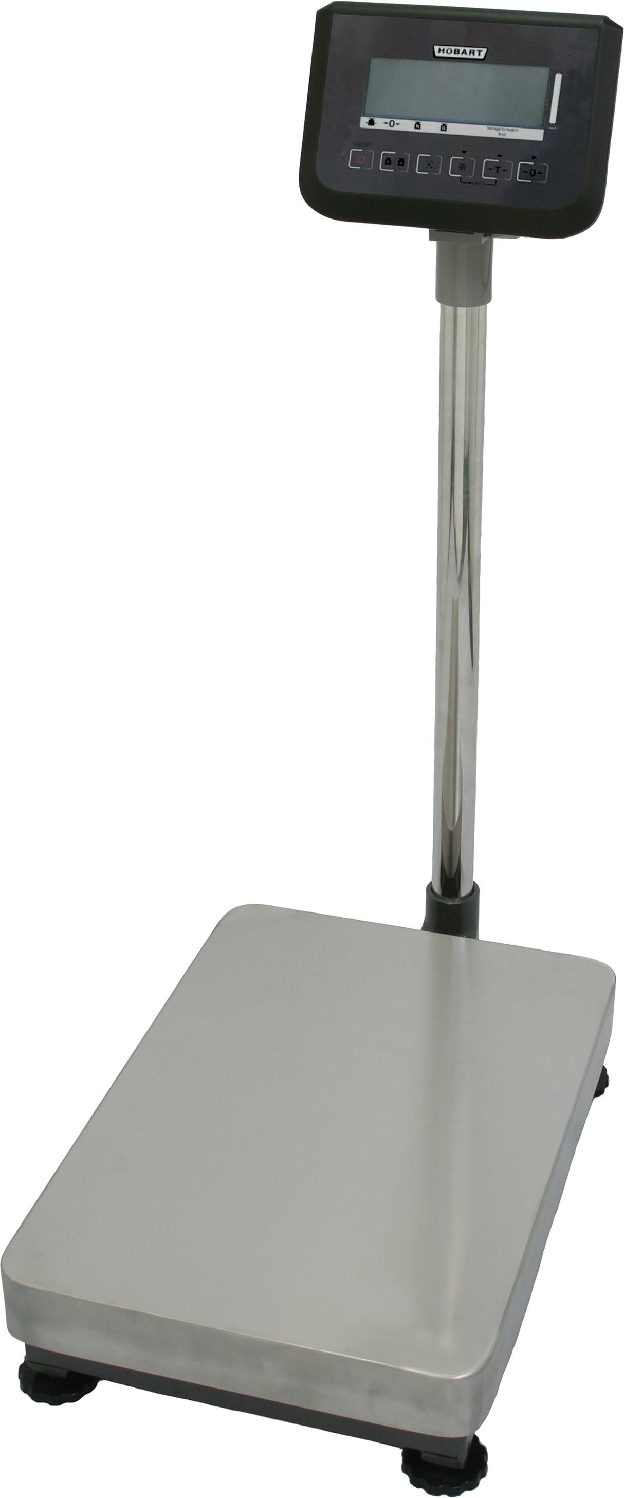 A bench receiving scale with a 300 lb capacity, featuring a large stainless steel weighing surface, four rubber feet, and a vertical stand with a digital display and control buttons. The background is plain and light-colored.