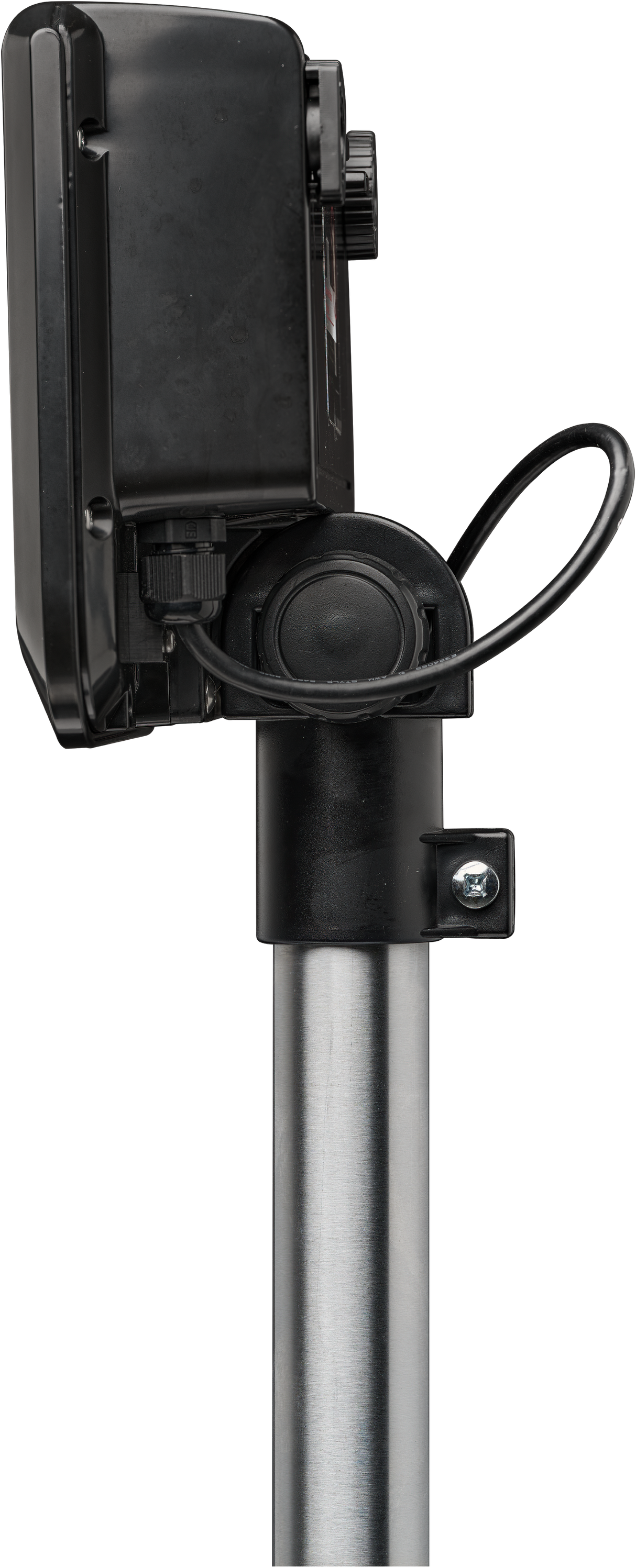 A close-up side view of a black electronic device, possibly part of a bench receiving scale with 300 lb capacity, mounted on a silver pole. A thick black cable loops from the device. The background is a plain light gray.