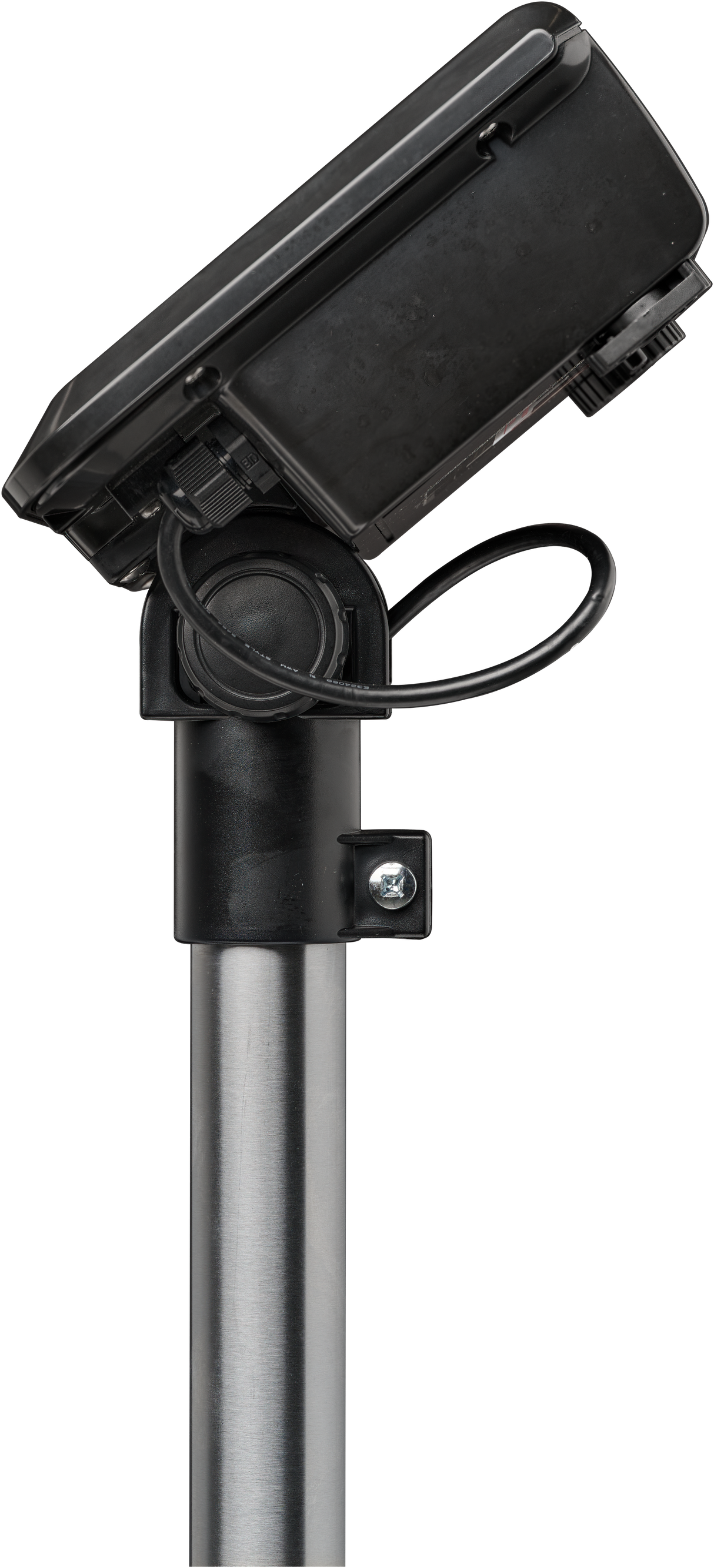 A black security camera is mounted on top of a cylindrical metal pole, similar to those found in areas with a bench receiving scale, 300 lb capacity, legal for trade. A loose cable loops below the camera, which is angled downward and securely attached.