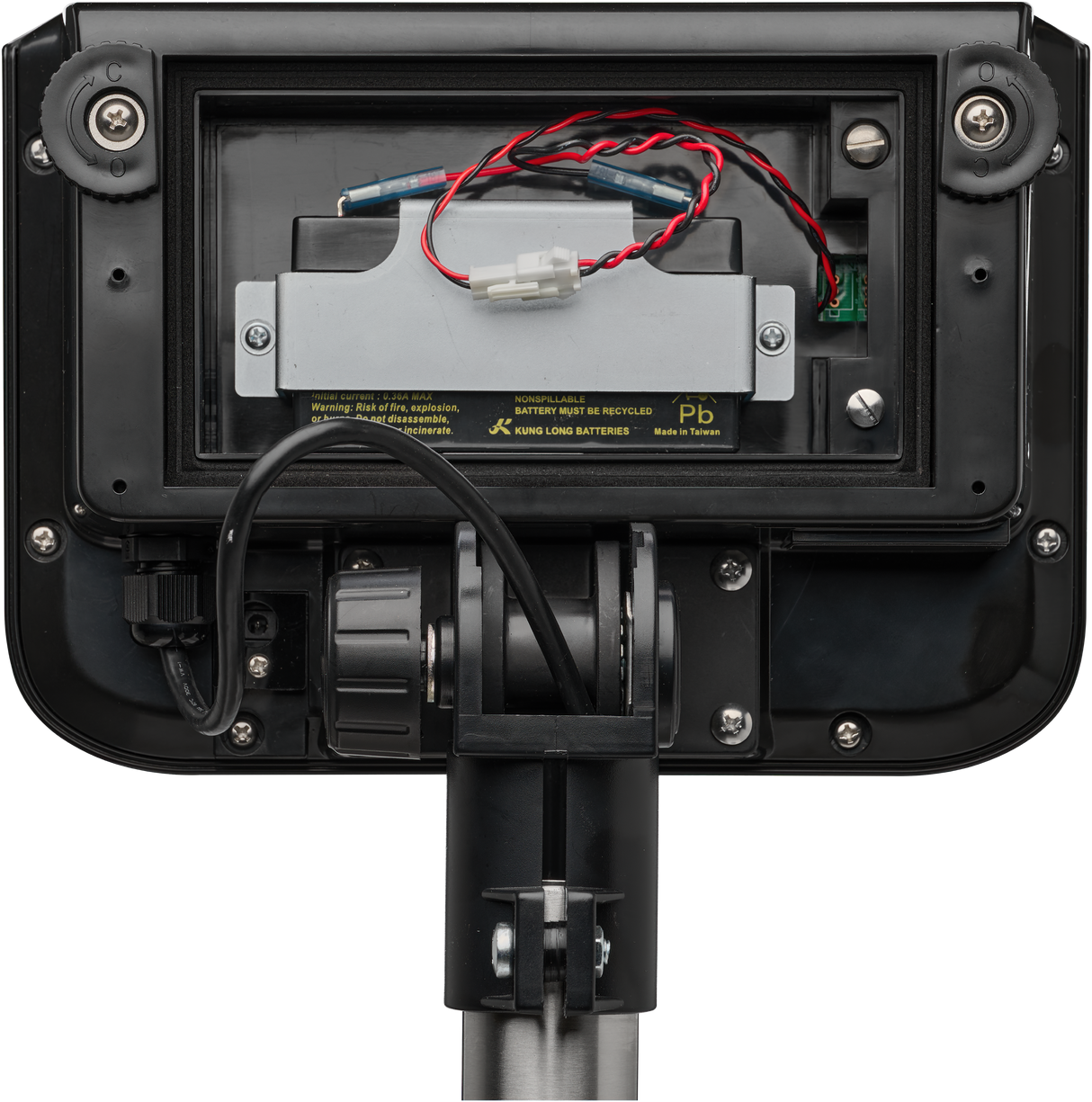 Close-up of the back of a bench receiving scale, cover removed to show exposed wires, battery compartment, and metal mounting bracket. Red and black wires connect to a gray battery, with a warning label inside the 300 lb capacity compartment.