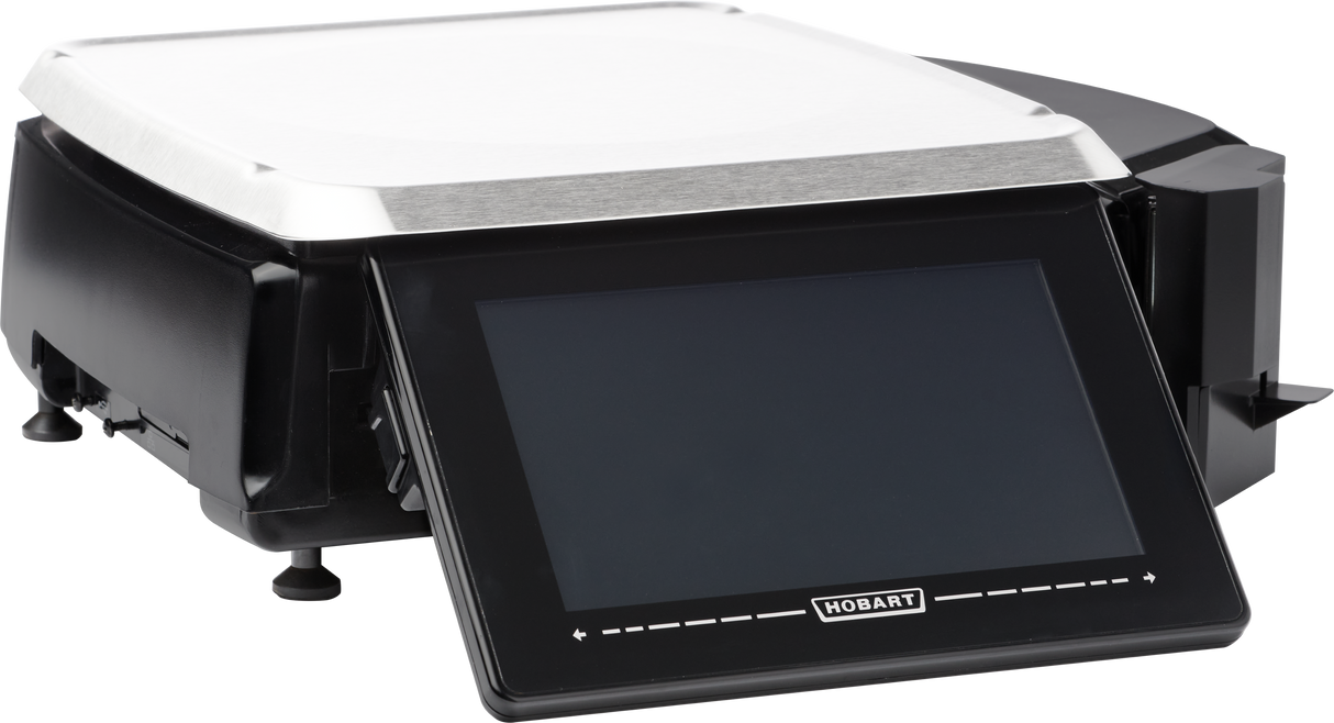 A commercial HTi Scale digital weighing scale with a large touch screen display showing the Hobart logo. The scale features a flat, stainless steel weighing surface and supports Linerless Cassette labels for efficient use in retail or food service environments.