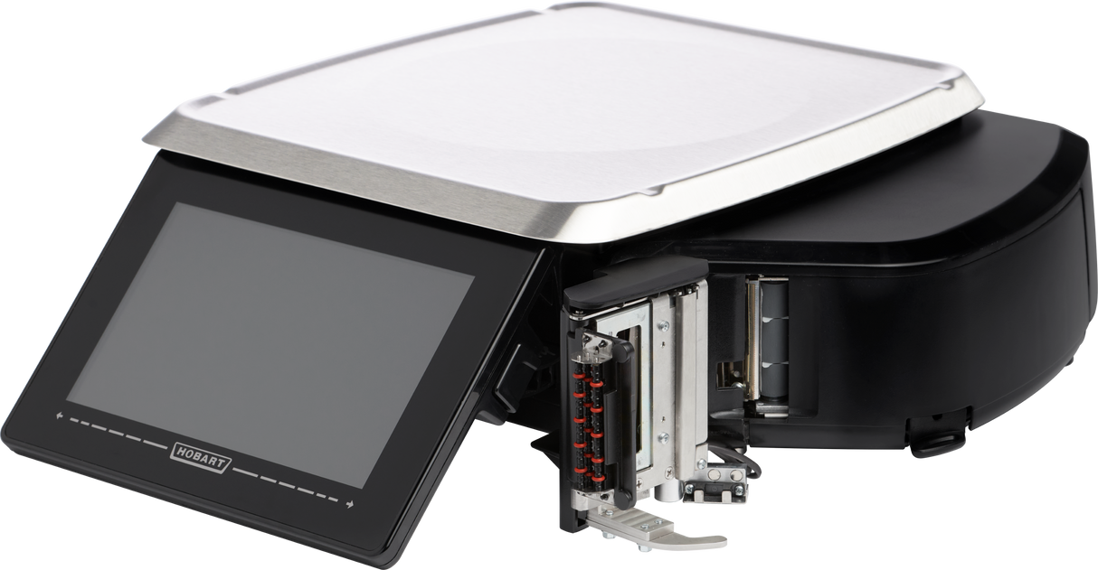 A modern black electronic device with a large touchscreen, metallic tray on top, and an open mechanical compartment showcasing wiring and components. The screen displays the Hobart logo. Designed for efficiency, it features an Auto Cutter for seamless operation.