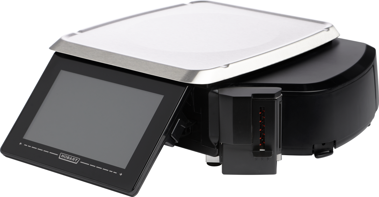 A modern, black HTi Scale featuring a large touchscreen display labeled Hobart and a flat, metallic weighing platform on top, resembling a digital scale with an integrated barcode scanner and Linerless Cassette attachment on the side.
