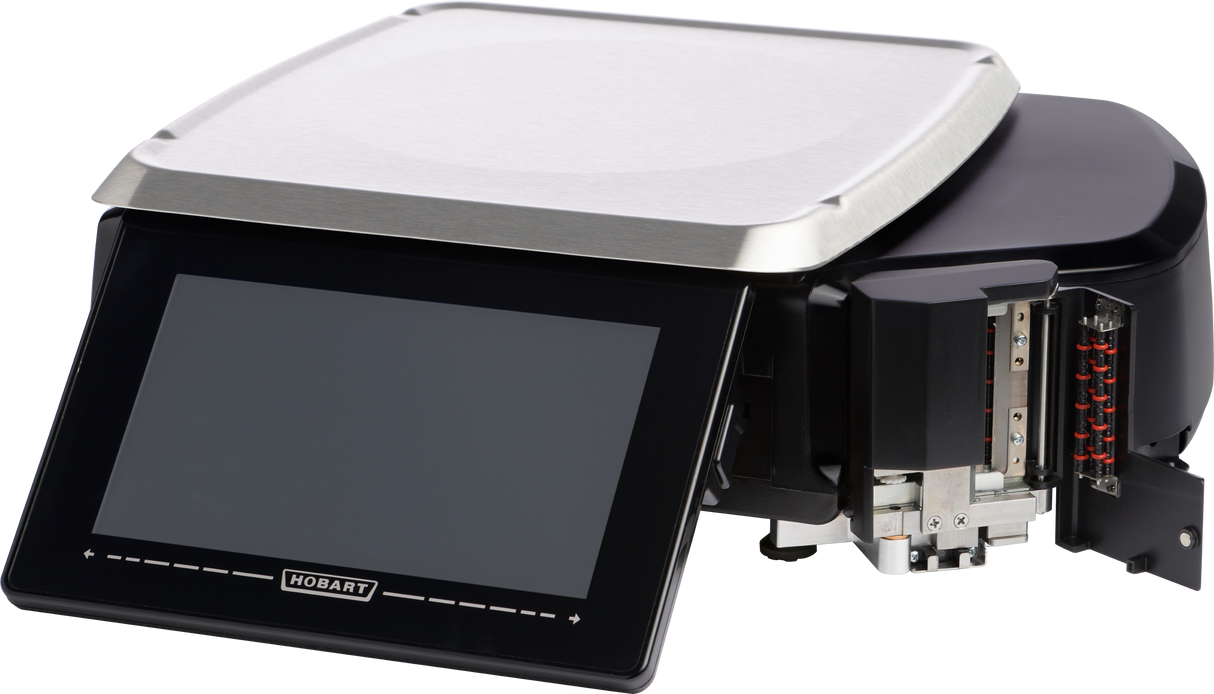 A modern HTi Scale digital kitchen scale with a large touchscreen display labeled “Hobart,” featuring a metallic weighing platform and an exposed internal component with visible wiring and connectors. The sleek black and silver design highlights its advanced technology.