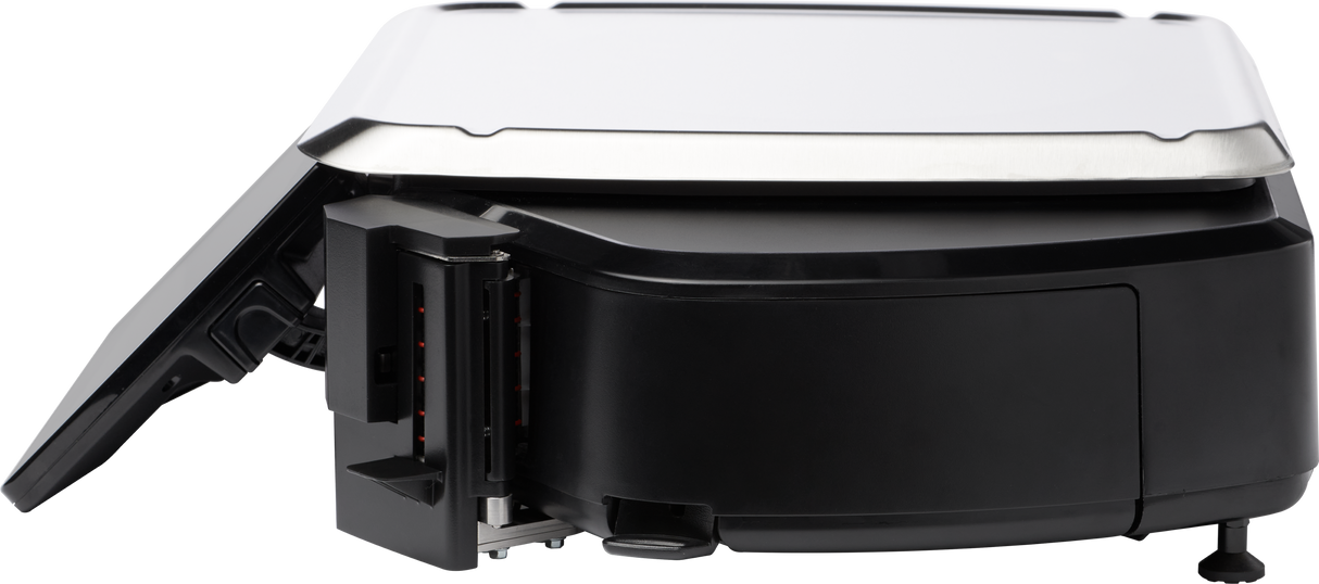 A side view of a closed electric indoor grill with a stainless steel lid and black body. The grill’s hinge and latch mechanism are visible, with the lid slightly lifted at the back, resembling the modern compact design of a Hobart 7 customer display.