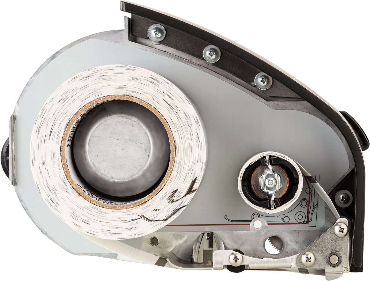 A close-up of an open tape dispenser shows a large white roll of tape on the left and exposed inner mechanisms, including screws, gears, and metal parts, on the right. The casing is partially transparent, similar to some HTi scale printer designs.