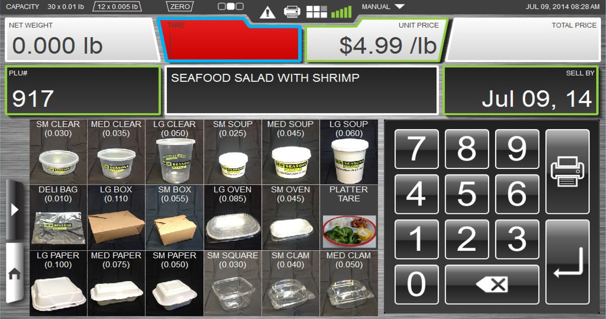A touch-screen digital HTi Scale interface for weighing seafood salad with shrimp. It displays weight, unit price, total, keypad, and options for containers or boxes using Linerless Cassette and Auto Cutter. Date is July 9, 2014.