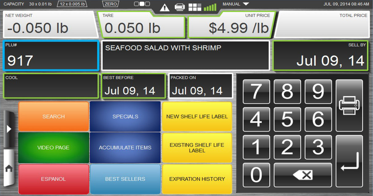 Digital scale interface for weighing food features HTi Scale technology. Main display shows “SEAFOOD SALAD WITH SHRIMP,” net weight -0.050 lb, price $4.99/lb, dates, PLU 917, keypad with colored buttons, and options in English and Spanish.