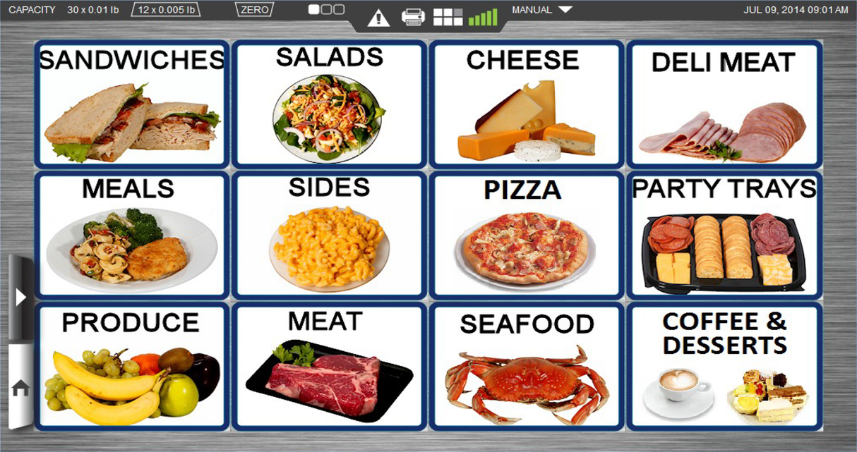 A touchscreen menu with twelve food categories, each shown as an image and word. Integrated with HTi Scale for accuracy, it features Sandwiches, Salads, Cheese, Deli Meat, Meals, Sides, Pizza, Party Trays, Produce, Meat, Seafood, and Coffee & Desserts.