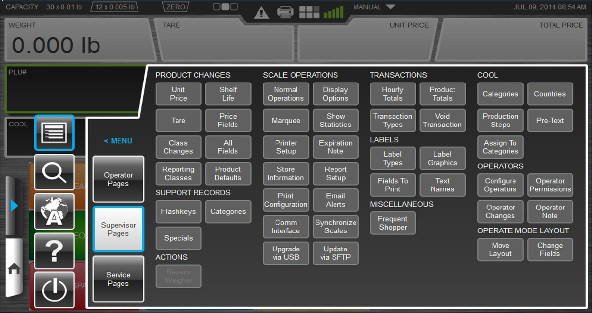 Touchscreen interface displaying menu categories like Product Changes, Scale Operations, Transactions, Cool, Support Records, Actions, and Operators. The bright, modern design is optimized for HTi Scale features like Auto Cutter and Linerless Cassette support.