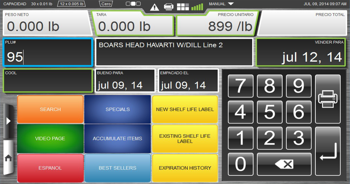 Touchscreen interface for an HTi Scale deli scale shows “BOARS HEAD HAVARTI W/DILL,” weight (0.000 lb), $8.99/lb, PLU 95, and sell-by date “jul 12, 14.” Large numeric keypad, colorful function buttons, and Linerless Cassette options are visible.