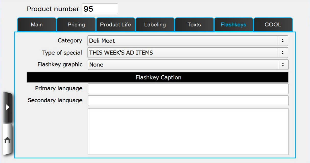 A software interface for the Hobart HTI-7LH4 features tabs like Main, Pricing, Product Life, Labeling, Texts, Flashkeys, and COOL. The Flashkeys tab is active on the 7 customer display with fields such as Category (Deli Meat), Type of special, and captions.