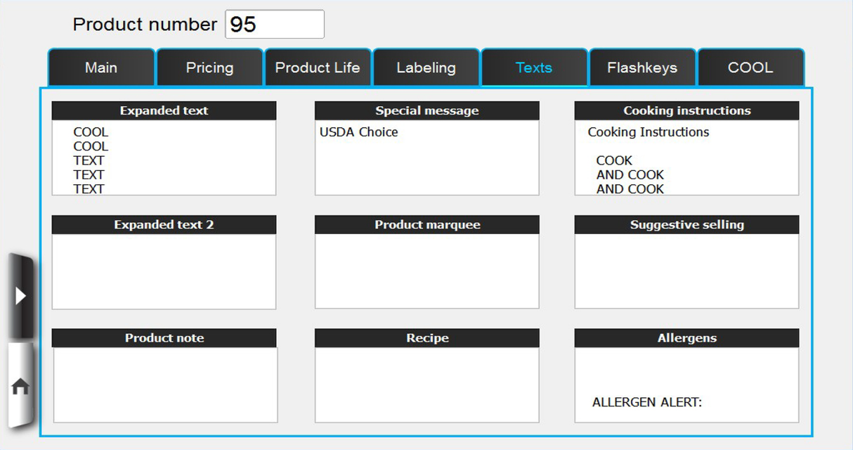 A software interface, compatible with a 7 customer display, shows tabs like Main, Pricing, Product Life, Labeling, Texts (selected), Flashkeys, and COOL. Product number 95 is entered with fields for expanded text, messages, instructions, and allergen alerts.