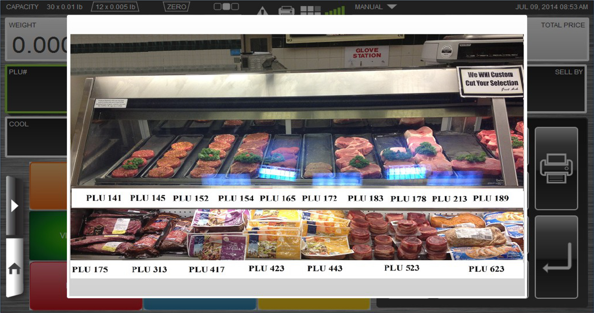 A meat counter displays various raw steaks, chops, and cuts arranged on trays with PLU numbers. Packaged meats are on the lower shelf. A Hobart HTI-7LH4 scale/printer with a 7 customer display is visible among the store signage.