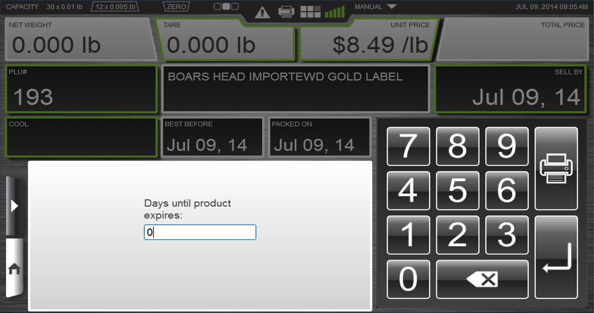 A digital deli scale with a 7 customer display shows BOARS HEAD IMPORTED GD GOLD LABEL weighing 2.000 lb at $8.49/lb. Date fields and a keypad are visible, and the popup warns, “Days until product expires: 0.” NTEP certified.