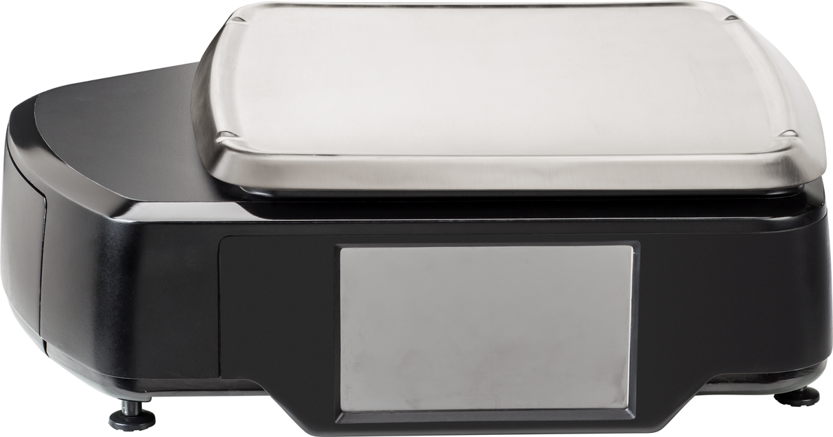 A modern HTS service scale with a large, rectangular stainless steel weighing platform and a digital display screen on the front. The black body features metallic accents and is designed for enhanced label capacity, set against a plain white background.
