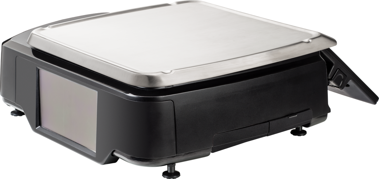 A sleek, black countertop appliance with a stainless steel lid and large touchscreen display features an Embedded Linux kernel. Slightly raised on small feet, it boasts a modern, compact design with an angled drip tray or side component on the right.