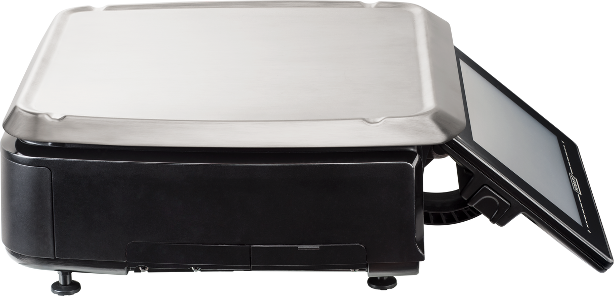 A stainless steel electric panini press with a black base sits on a flat surface. The appliance features small feet for stability and advanced controls, much like an embedded Linux kernel in modern Hts service scales. The top grill plate is lifted, revealing its nonstick surface.