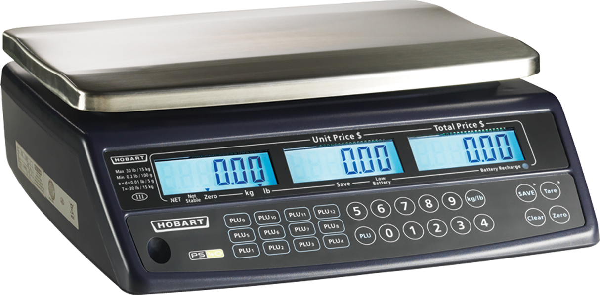 A Price Computing Scale with a stainless steel platform and control panel. Featuring a 30 lb capacity, it displays unit price, weight, and total price at zero. The keypad includes numbers, function buttons, and legal for trade labeled options.