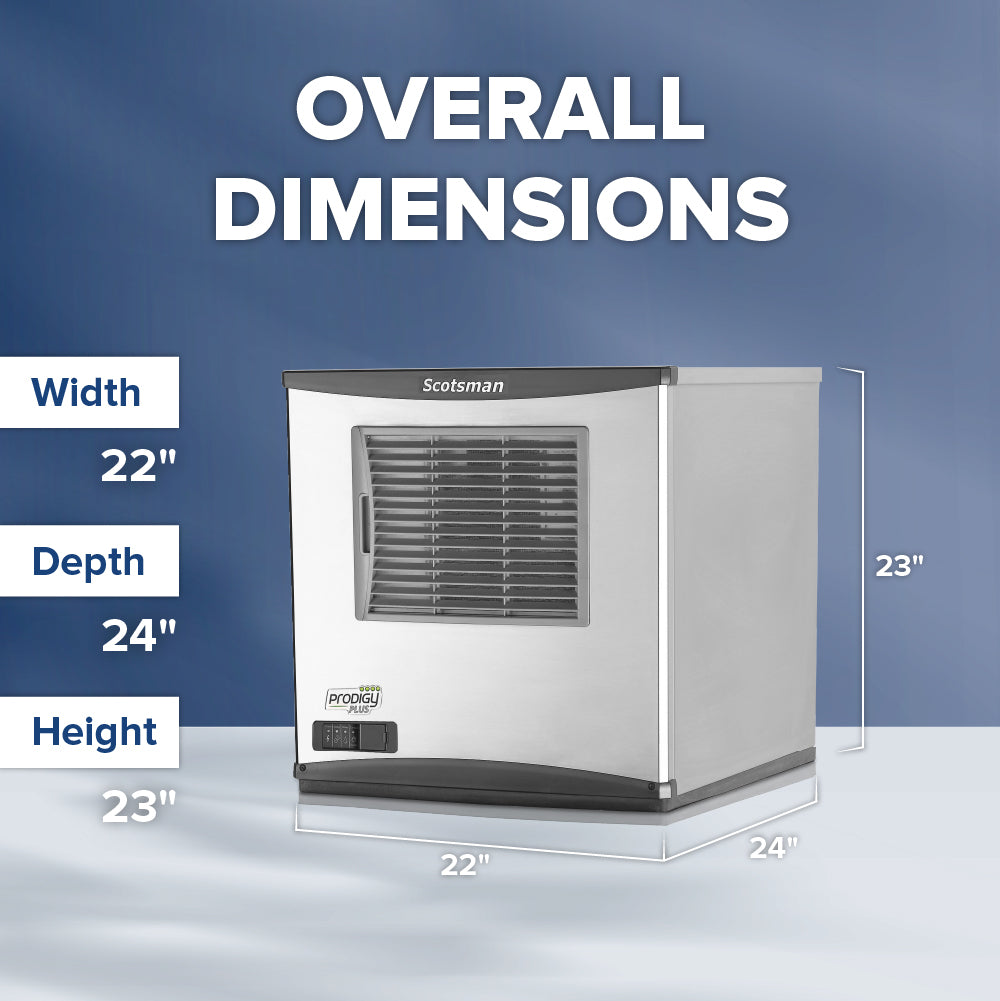 A stainless steel Scotsman commercial ice maker is centered on a blue gradient background. White text above reads OVERALL DIMENSIONS. Arrows and labels indicate: Width 22, Depth 24, Height 23. Features include a vented front panel and digital display.