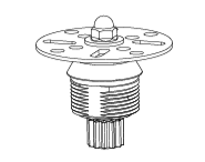 Black and white line drawing of a Vitamix Aer Blend Disc Assembly, featuring a round, perforated top plate, central bolt and nut, ridged threaded cylindrical body, and gear-like teeth at the bottom for quick & quiet blending.