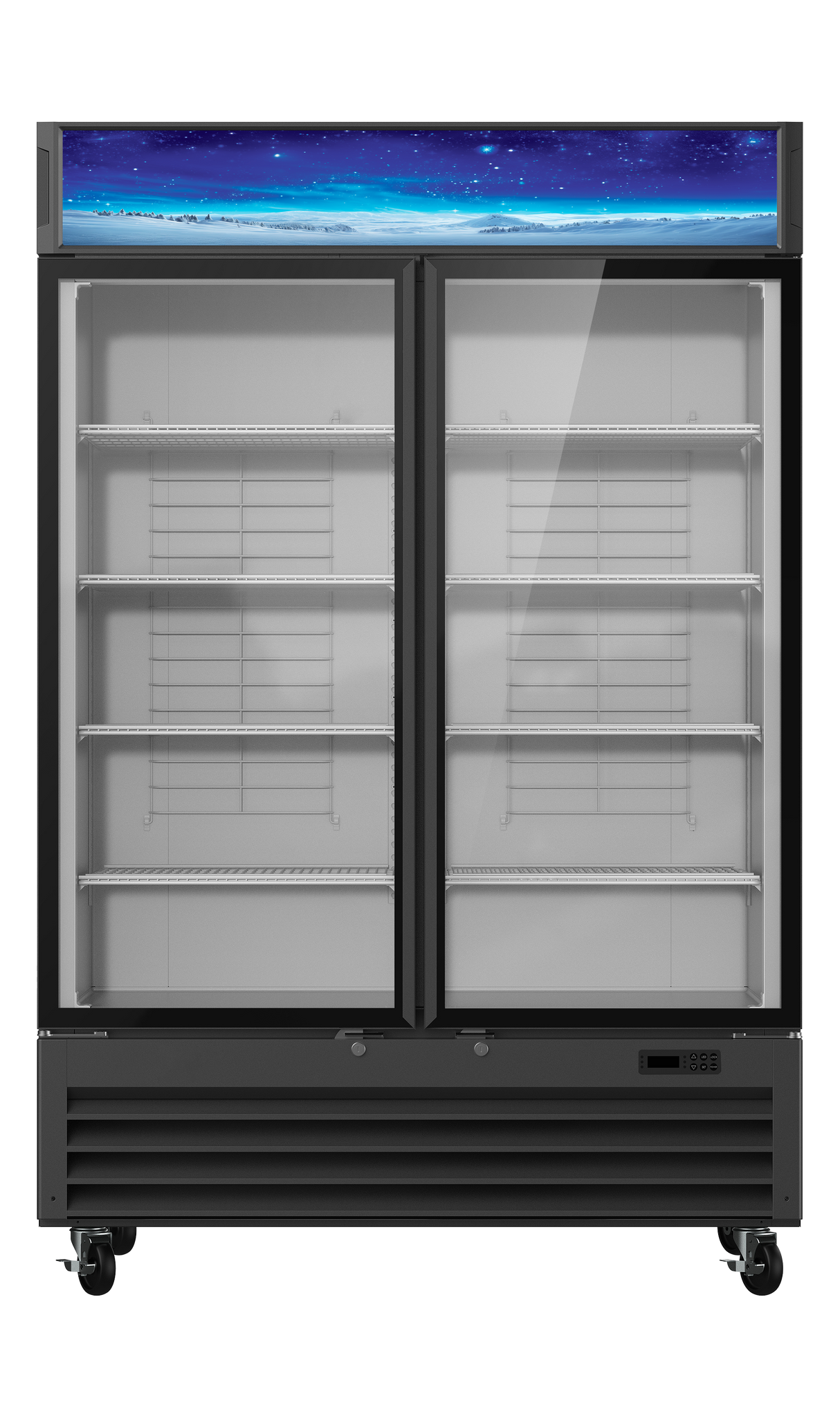 This 49 Cu. Ft. glass door refrigerated merchandiser features two clear doors, five empty wire shelves, wheels for mobility, a blue starry sky top panel, and a digital temperature display on the lower right corner.