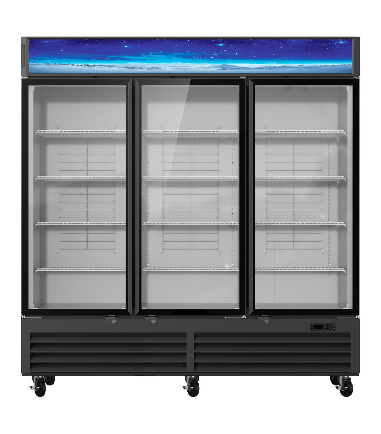 A large, three-section refrigerated merchandiser with glass doors, empty wire shelves, black frame, and wheels at the base. The top features a blue-lit starry sky display panel. It has bottom-mount refrigeration and stands against a plain white background.