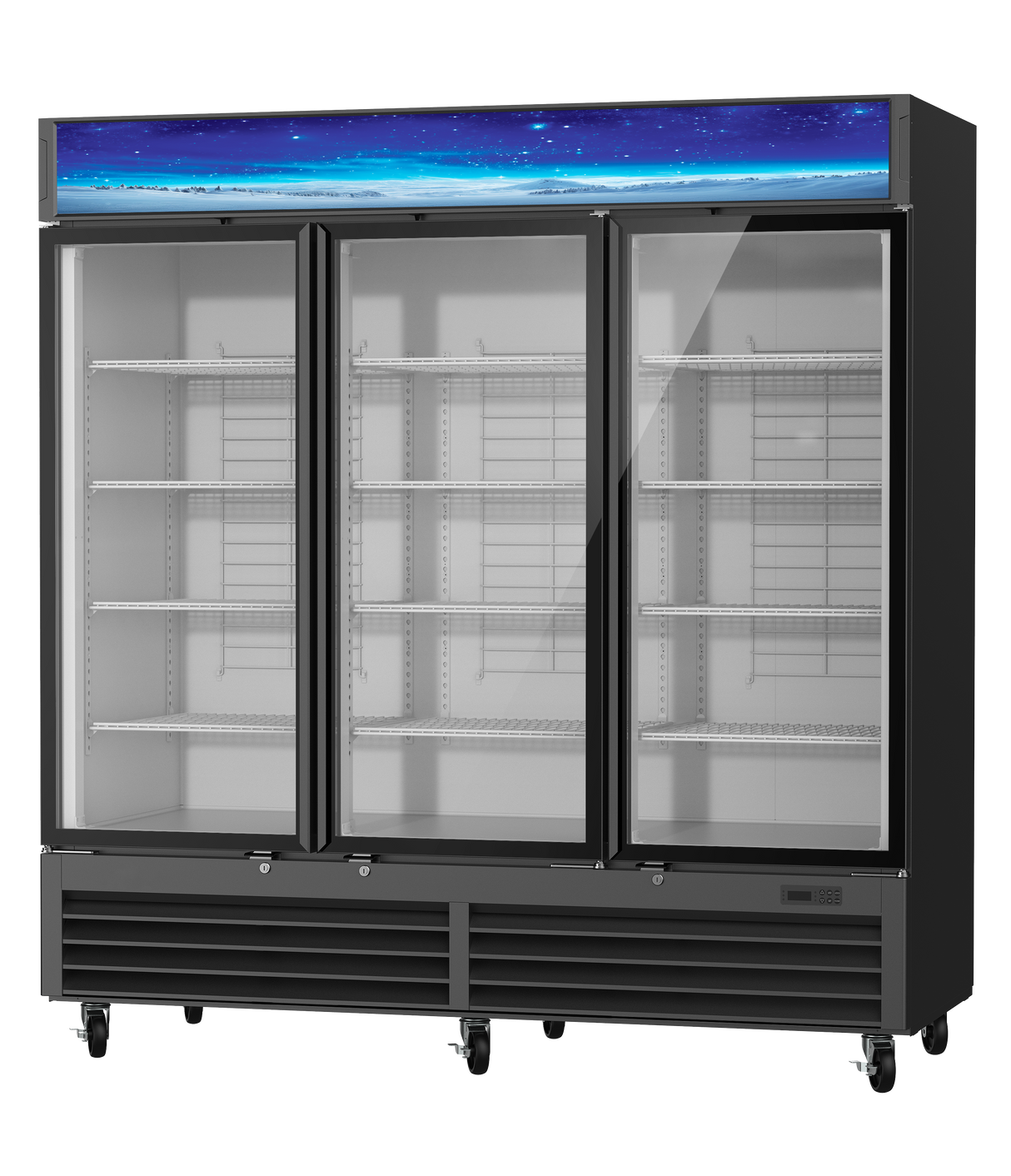 A three-section refrigerated merchandiser with metal shelves, bottom-mount refrigeration, glass doors, a digital control panel at the bottom right, caster wheels, and a striking blue starry decorative panel across the top.
