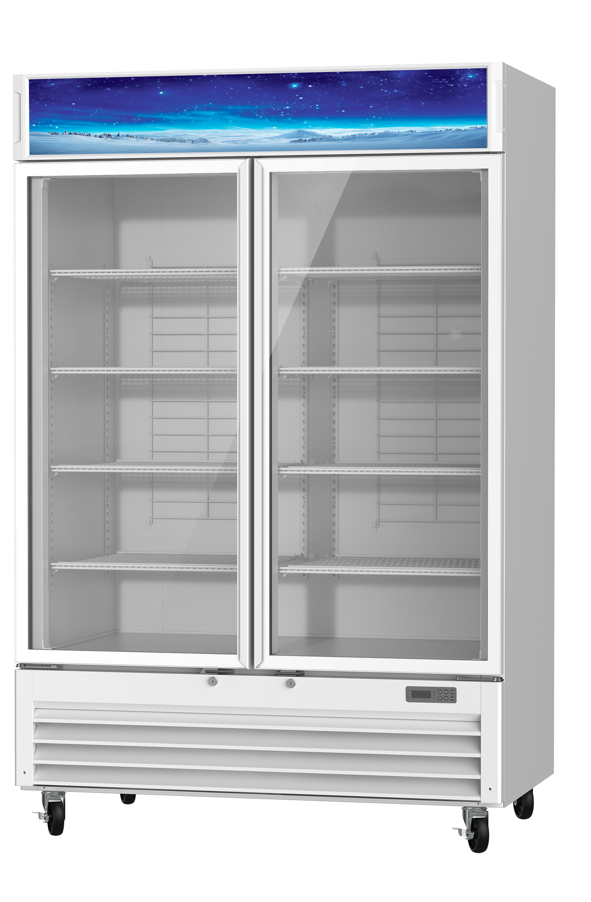 A large, upright Refrigerated Merchandiser with two clear glass doors, empty metal shelves, ENERGY STAR efficiency, LED interior lighting, a bright blue night sky panel on top, and wheels at the base for easy mobility.